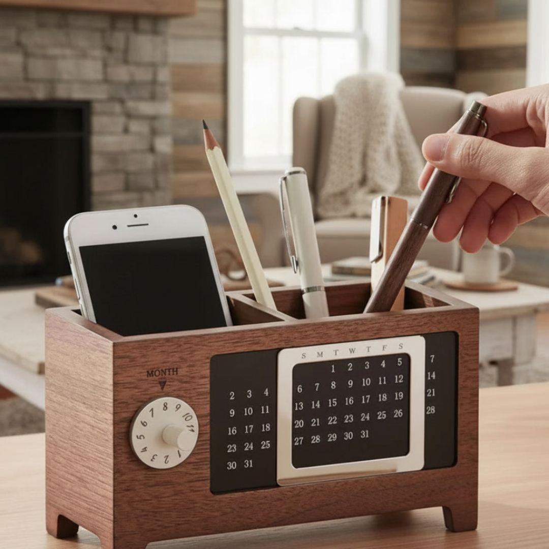 Wooden Desk Organizer with Manual Perpetual Calendar, 2-Compartment Office Storage Box and Pen Holder, Multifunctional Desktop Caddy for Smartphone, Remotes, and Stationery Accessories