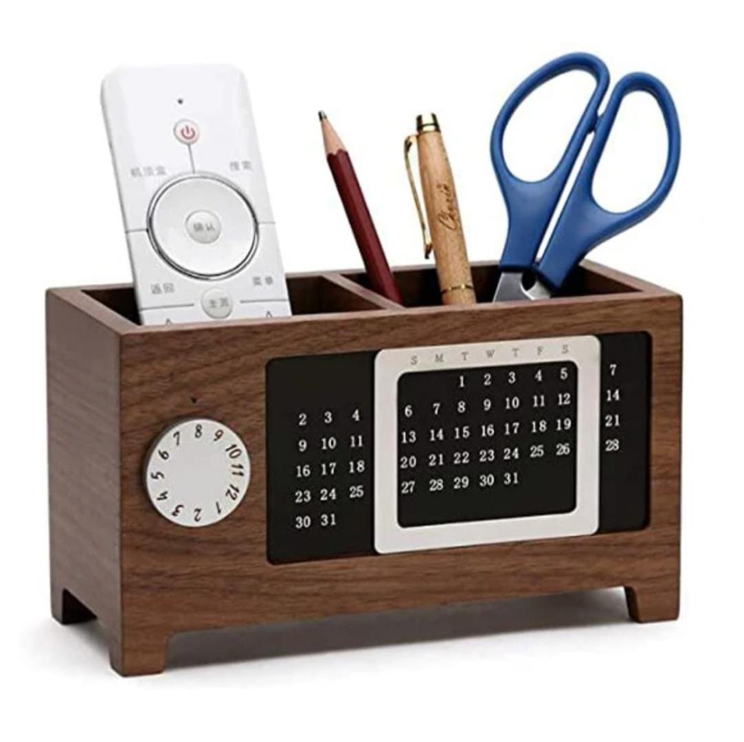 Wooden Desk Organizer with Manual Perpetual Calendar, 2-Compartment Office Storage Box and Pen Holder, Multifunctional Desktop Caddy for Smartphone, Remotes, and Stationery Accessories
