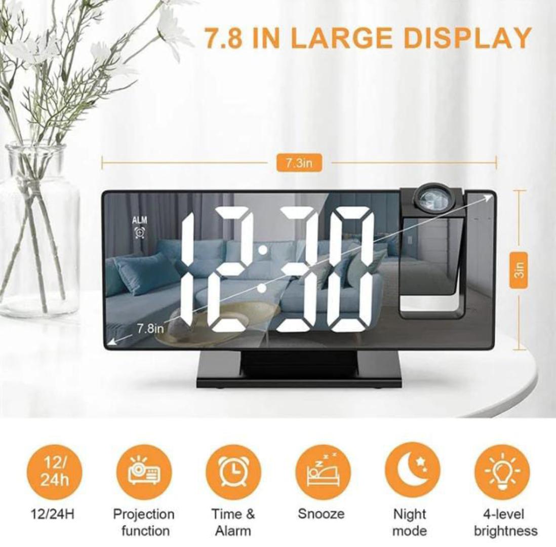 Projection Digital Alarm Clock - Multifunctional Projector Clock with 8-Inch LED Screen | Long Battery Life Temperature Monitor, off Makeup for Heavy Sleepers, Adults
