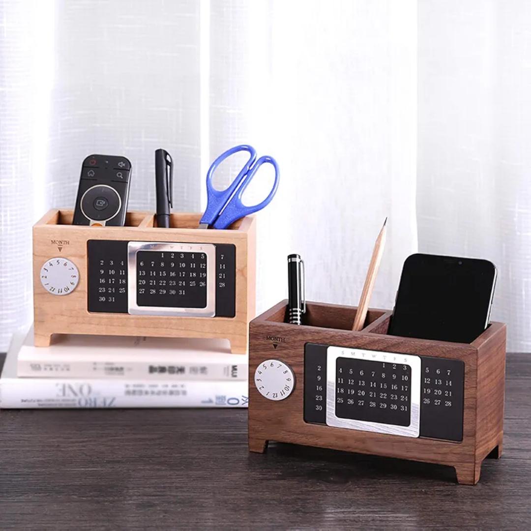 Wooden Desk Organizer with Manual Perpetual Calendar, 2-Compartment Office Storage Box and Pen Holder, Multifunctional Desktop Caddy for Smartphone, Remotes, and Stationery Accessories