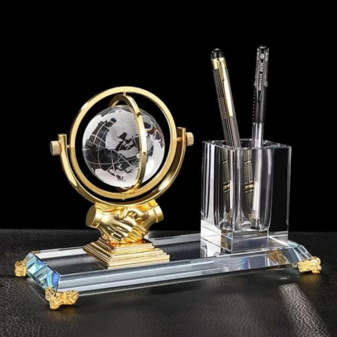 Luxury Crystal and Gold Globe Pen Holder Stand – Elegant Executive Desktop Ornament & Writing Instrument Organizer, Professional Corporate Gift and Office Decor
