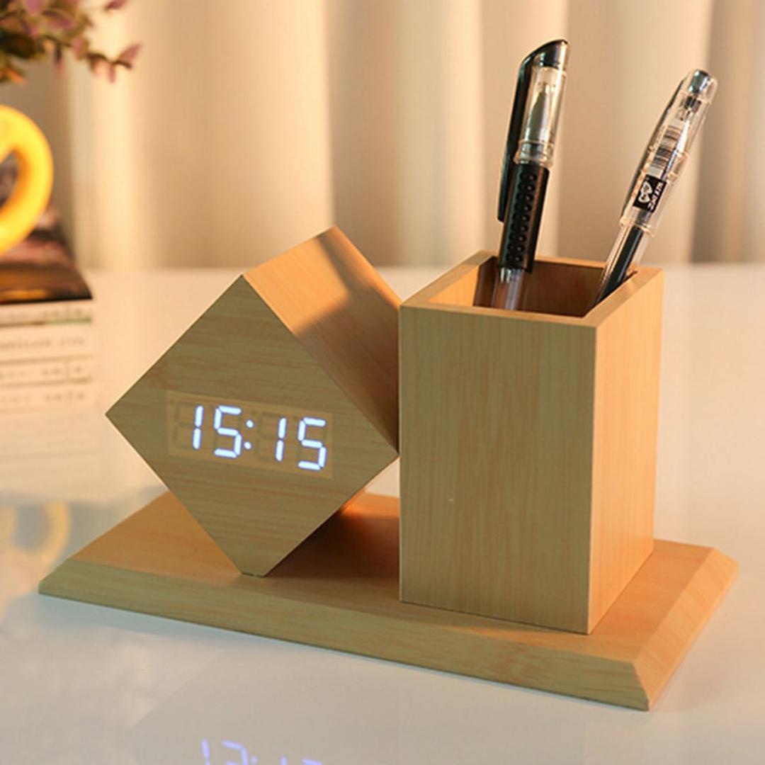 Bamboo Digital Clock Pen Holder Desk Organizer - Modern LED Wooden Time Display with Square Pencil Holder Dual Power