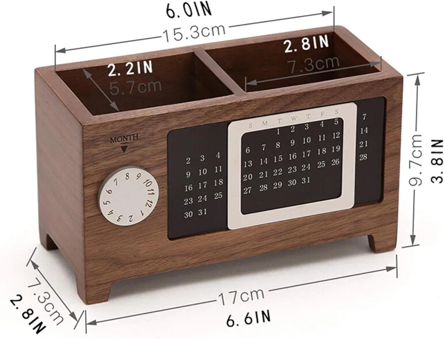 Wooden Desk Organizer with Manual Perpetual Calendar, 2-Compartment Office Storage Box and Pen Holder, Multifunctional Desktop Caddy for Smartphone, Remotes, and Stationery Accessories