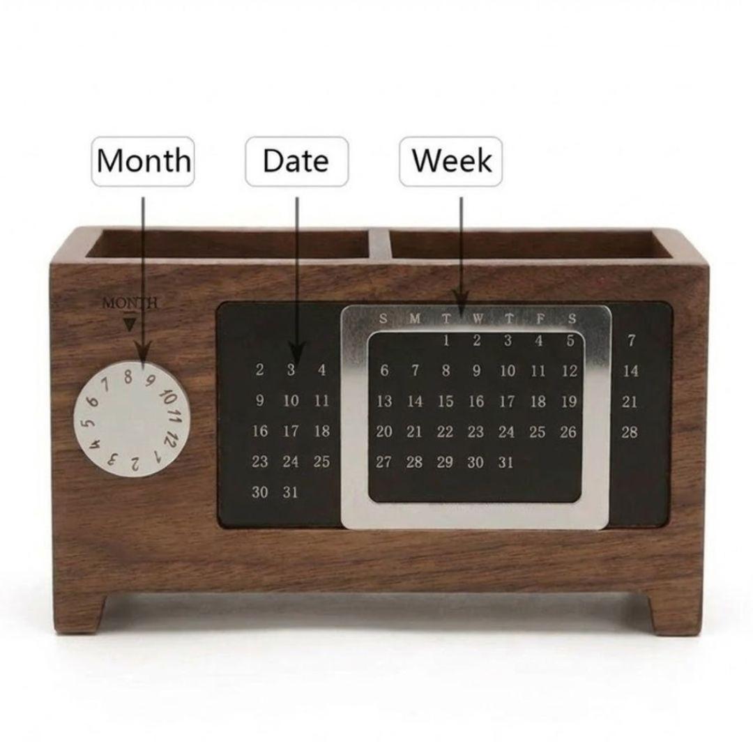 Wooden Desk Organizer with Manual Perpetual Calendar, 2-Compartment Office Storage Box and Pen Holder, Multifunctional Desktop Caddy for Smartphone, Remotes, and Stationery Accessories