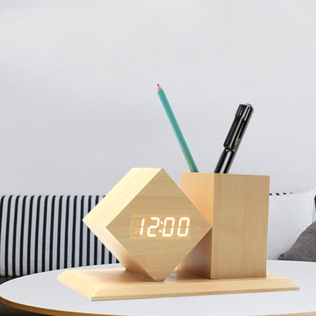 Bamboo Digital Clock Pen Holder Desk Organizer - Modern LED Wooden Time Display with Square Pencil Holder Dual Power