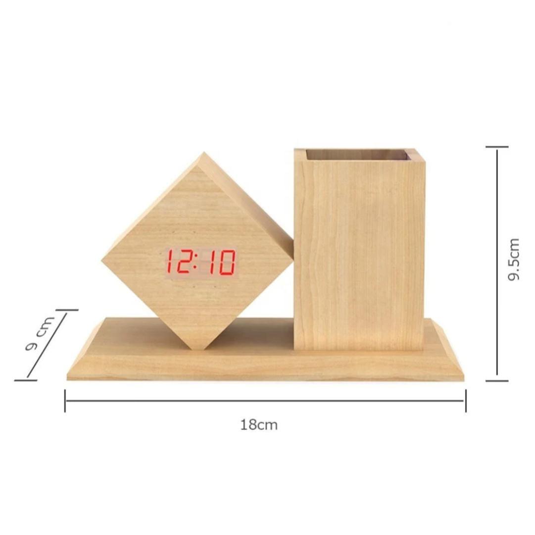 Bamboo Digital Clock Pen Holder Desk Organizer - Modern LED Wooden Time Display with Square Pencil Holder Dual Power