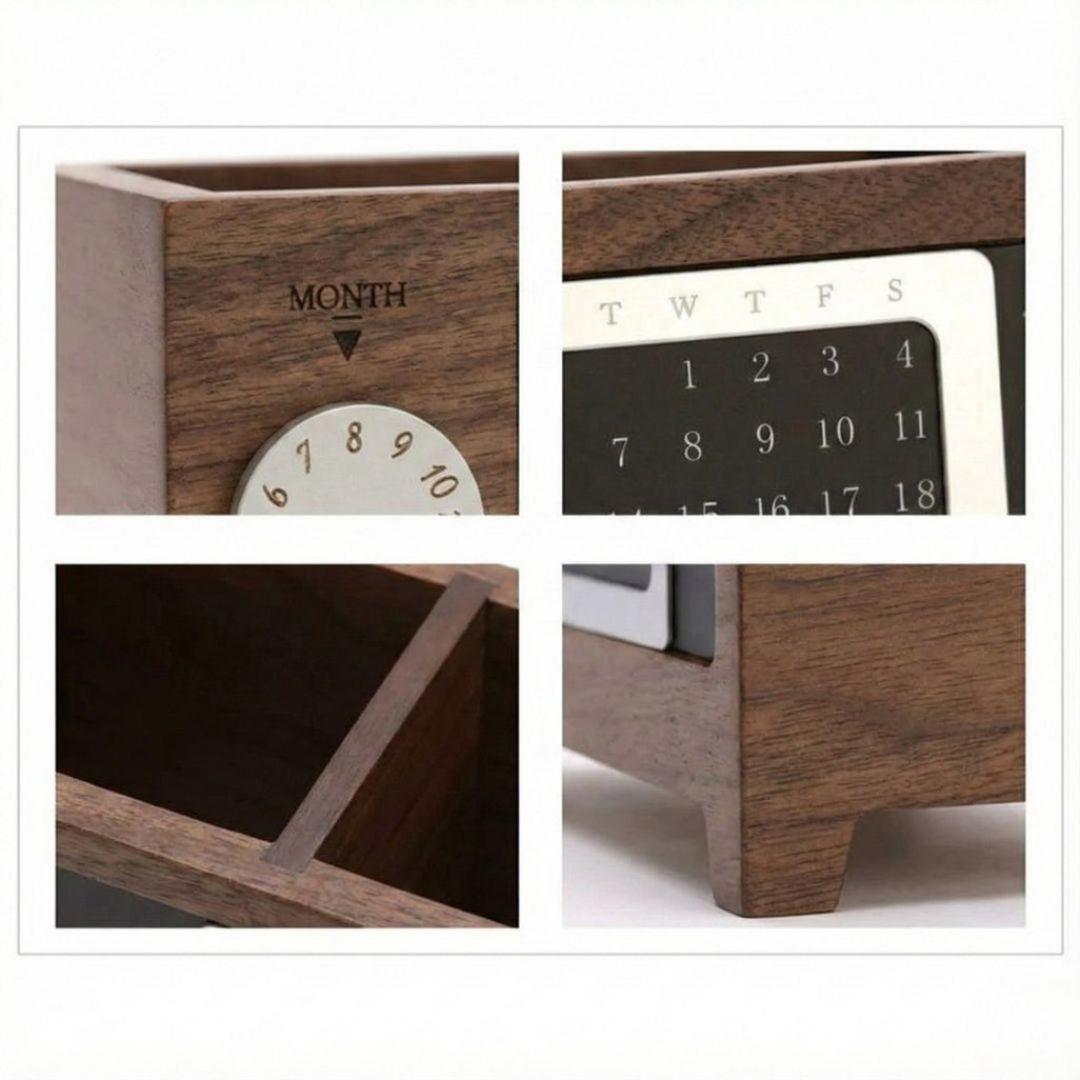 Wooden Desk Organizer with Manual Perpetual Calendar, 2-Compartment Office Storage Box and Pen Holder, Multifunctional Desktop Caddy for Smartphone, Remotes, and Stationery Accessories