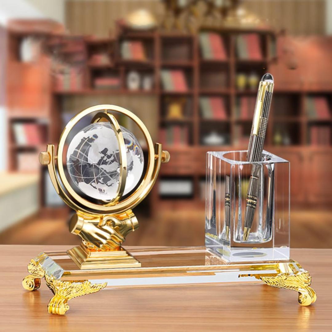 Luxury Crystal and Gold Globe Pen Holder Stand – Elegant Executive Desktop Ornament & Writing Instrument Organizer, Professional Corporate Gift and Office Decor