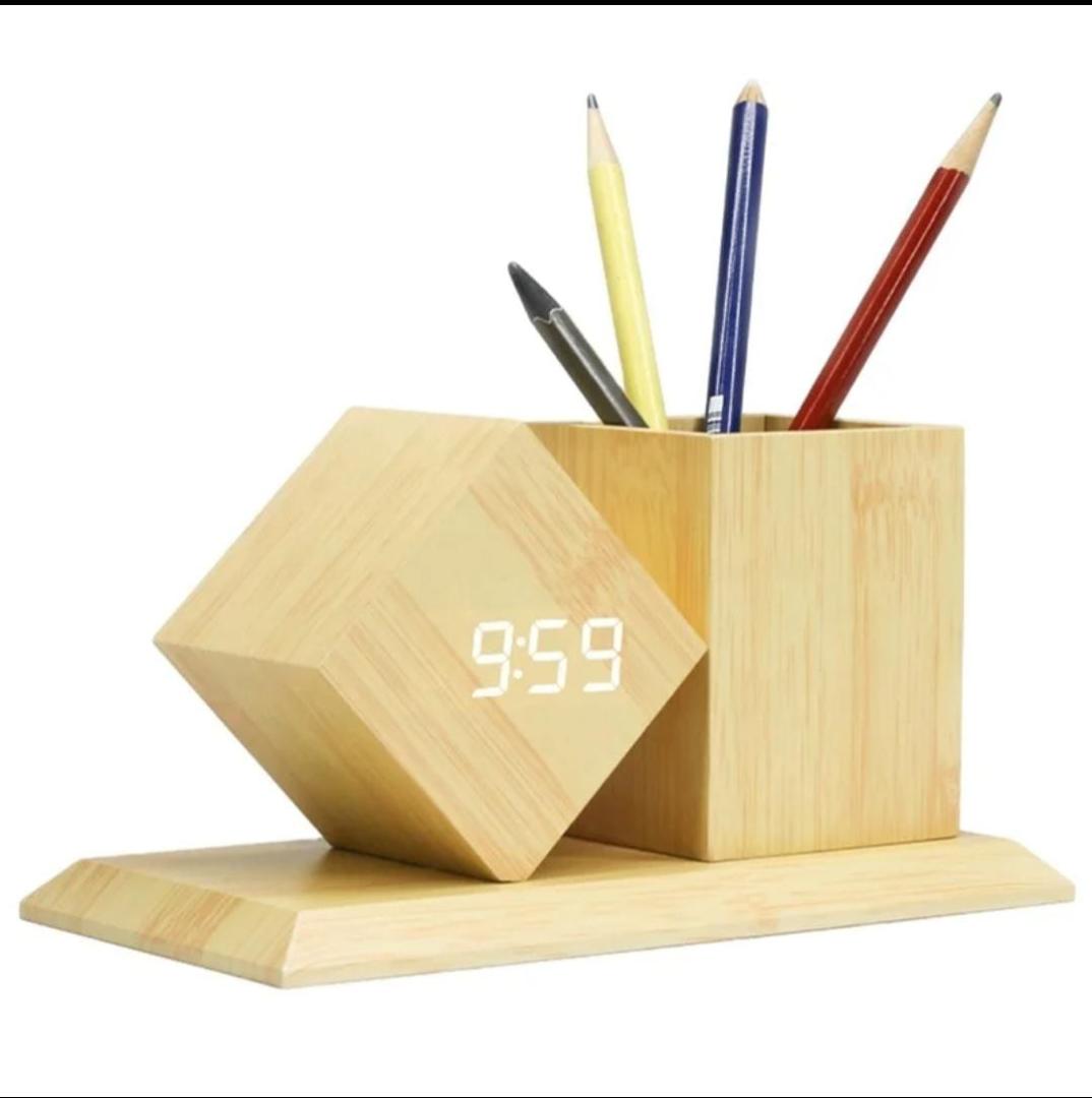 Bamboo Digital Clock Pen Holder Desk Organizer - Modern LED Wooden Time Display with Square Pencil Holder Dual Power