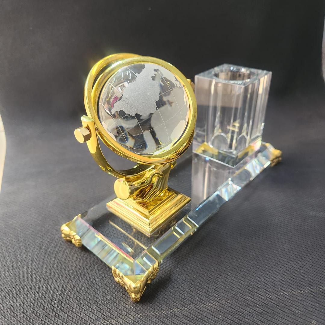 Luxury Crystal and Gold Globe Pen Holder Stand – Elegant Executive Desktop Ornament & Writing Instrument Organizer, Professional Corporate Gift and Office Decor
