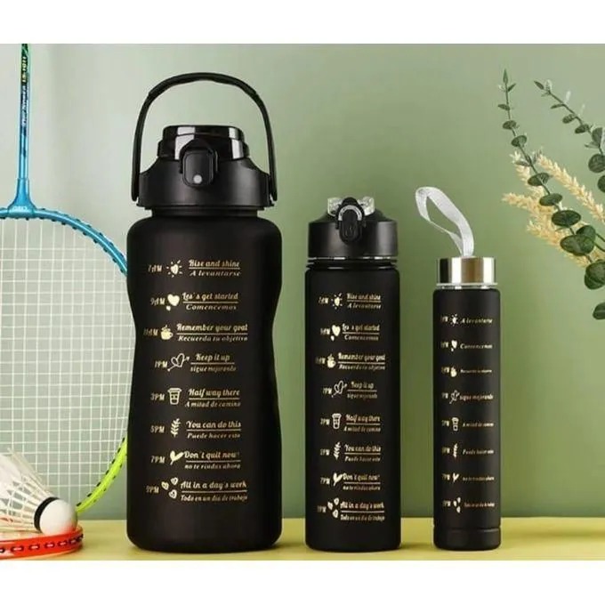 3-in-1 Black Motivational Water Bottle Set – 64oz/32oz/300ml Leak-Proof Sports Bottles with Time Markers & Straw (BPA-Free)