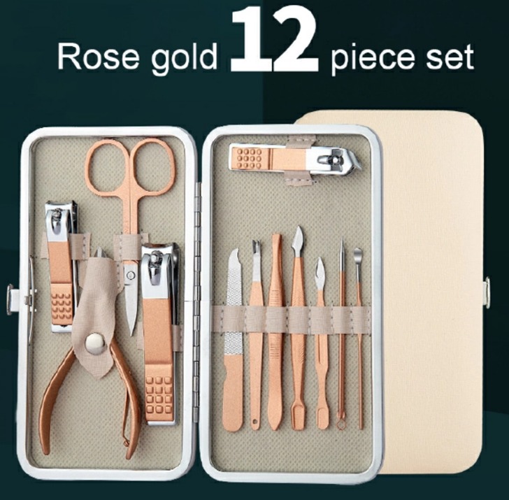 Rose Gold 12-Piece Professional Manicure & Pedicure Set – Stainless Steel Nail Grooming Kit with Nail Clippers, Cuticle Pusher, Precision Scissors & Portable Travel Case