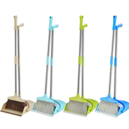 2-in-1 Broom and Dustpan Set with Squeegee – Long Handle Upright Sweeping Combo with Built-in Comb & Silicone Squeegee for Wet & Dry Floor Cleaning