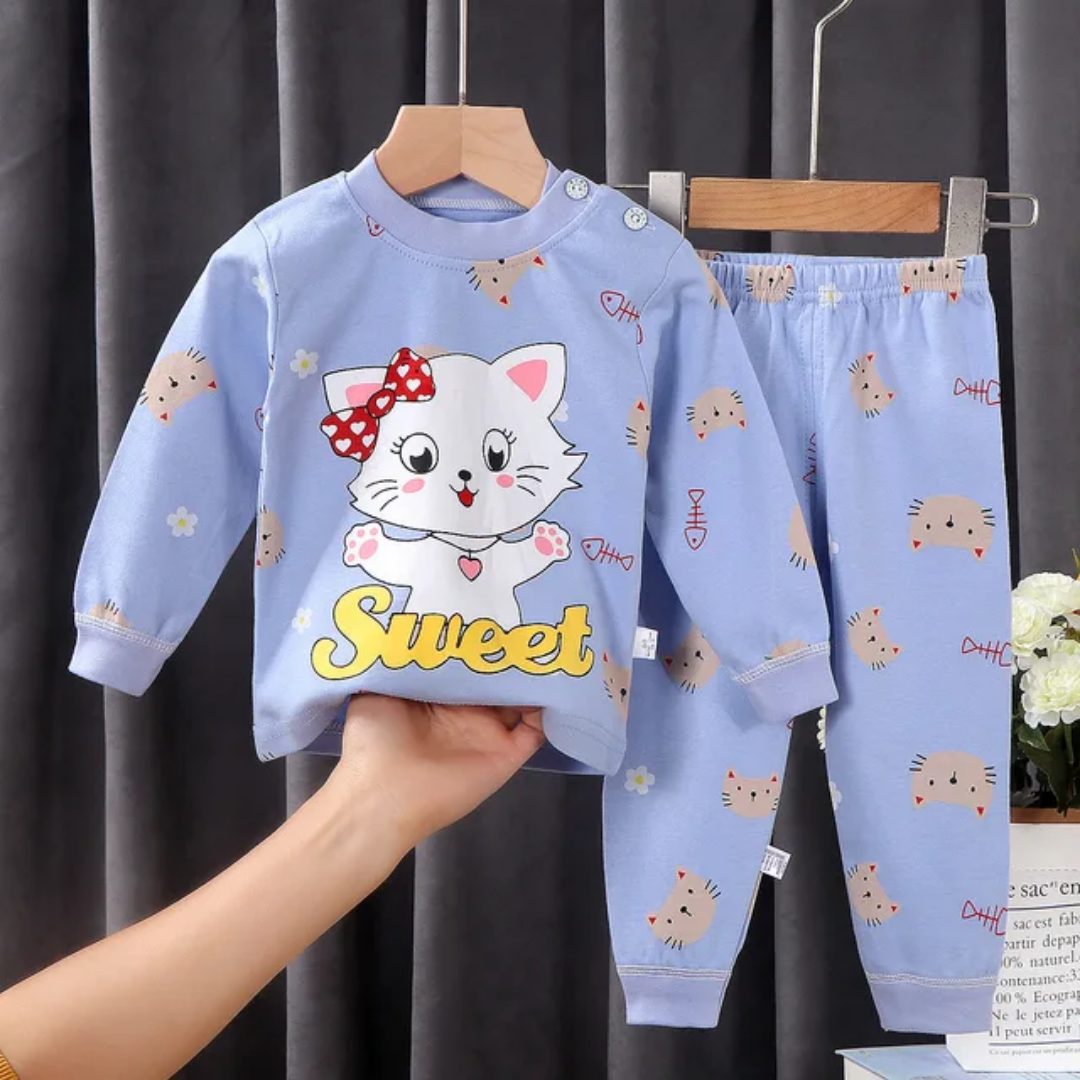 💯%Fancy Cotton  Suit Cartoon themed  Sweet cat multi Wear kids Baby kids Pajamas two pieces set Breathable All Season comfortable