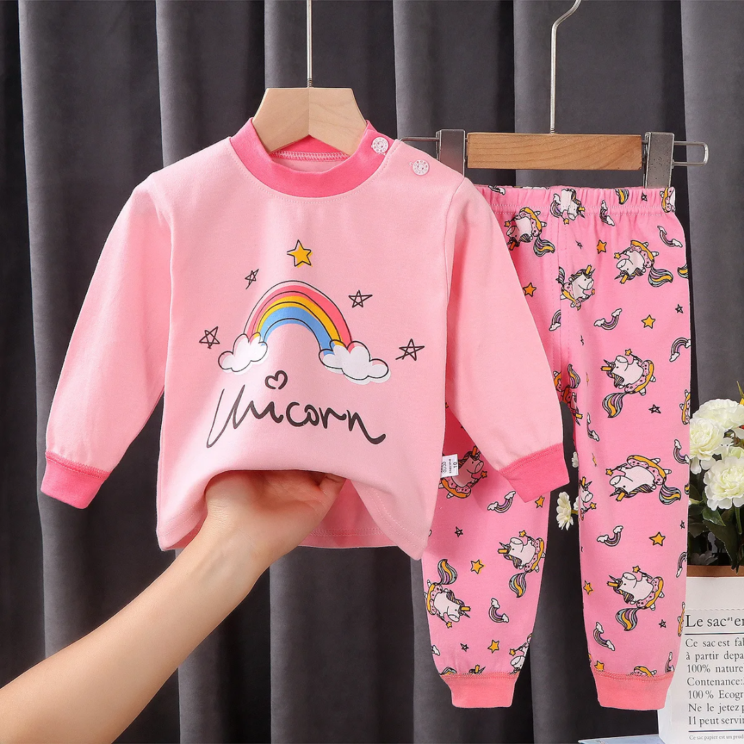 💯%Fancy Cotton  Suit Cartoon themed  unicorn multi Wear kids Baby kids Pajamas two pieces set Breathable All Season comfortable