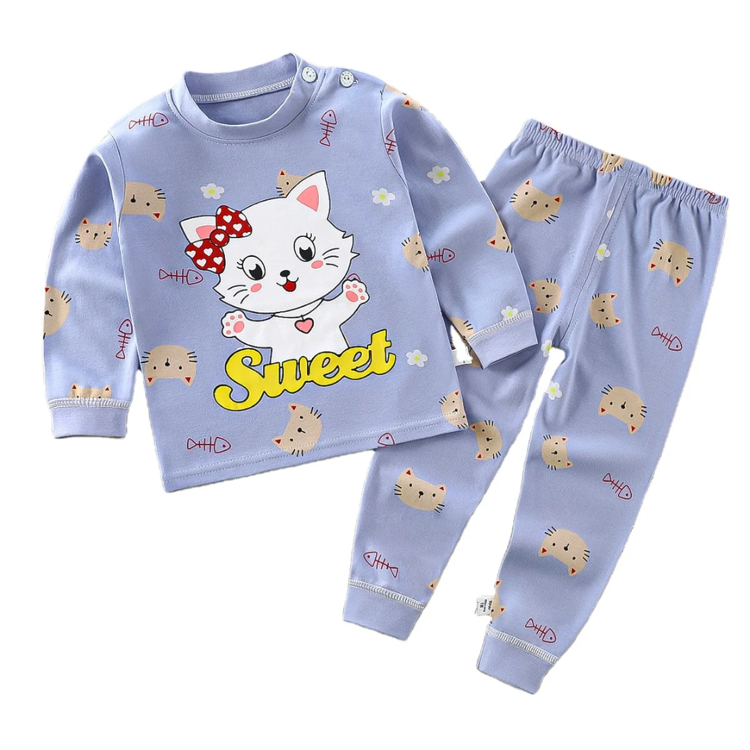 💯%Fancy Cotton  Suit Cartoon themed  Sweet cat multi Wear kids Baby kids Pajamas two pieces set Breathable All Season comfortable