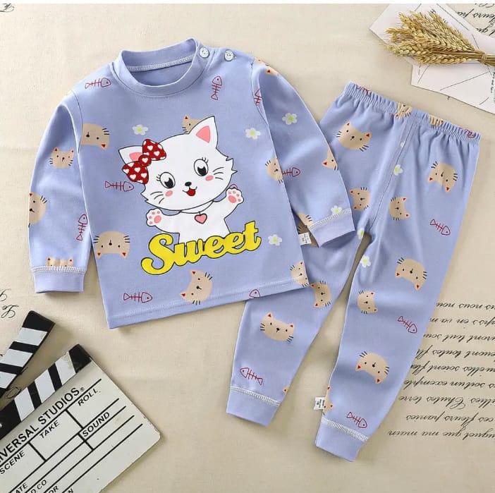 💯%Fancy Cotton  Suit Cartoon themed  Sweet cat multi Wear kids Baby kids Pajamas two pieces set Breathable All Season comfortable