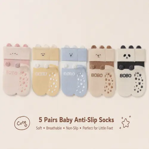 5 Pairs Baby Anti-Slip Cotton Socks Soft Cartoon Grip Socks for Boys & Girls, Breathable Toddler Walking Socks 0-3 Years