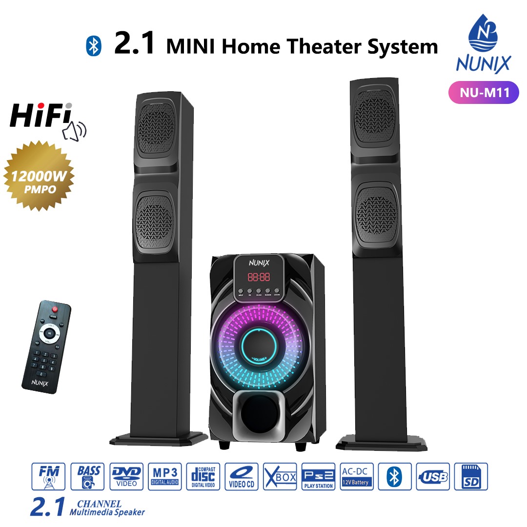 Nunix 2.1CH NU- M11 Home Theater Speaker System tall boy.featuring a tall-boy speaker design, this system is suitable for enjoying music, movies and other entertainment at home.