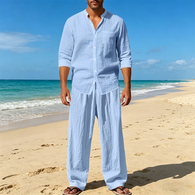 Men's Clothing Sets Two-Piece Outfits Men's Linen Stand-Up Collar Loose Breathable Shirt Pants Set for Casual Commuting