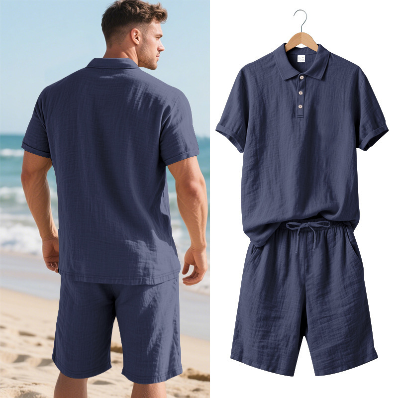 Men's Clothing Sets Two-Piece Outfits Summer Men's Loose Casual Linen Breathable Polo Shirt Short Sleeved Beach Shorts Set