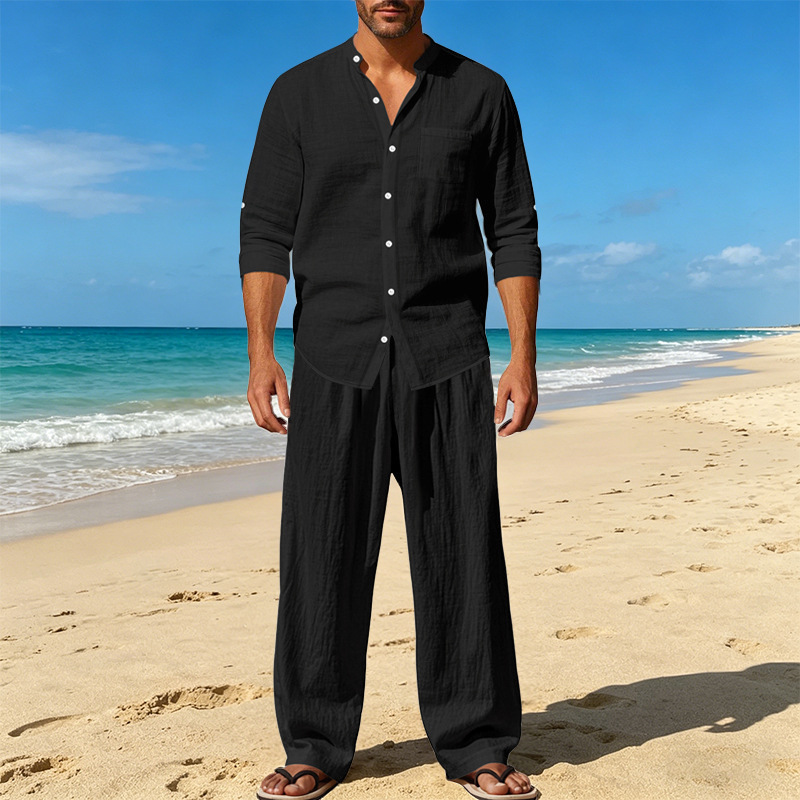 Men's Clothing Sets Two-Piece Outfits Men's Linen Stand-Up Collar Loose Breathable Shirt Pants Set for Casual Commuting