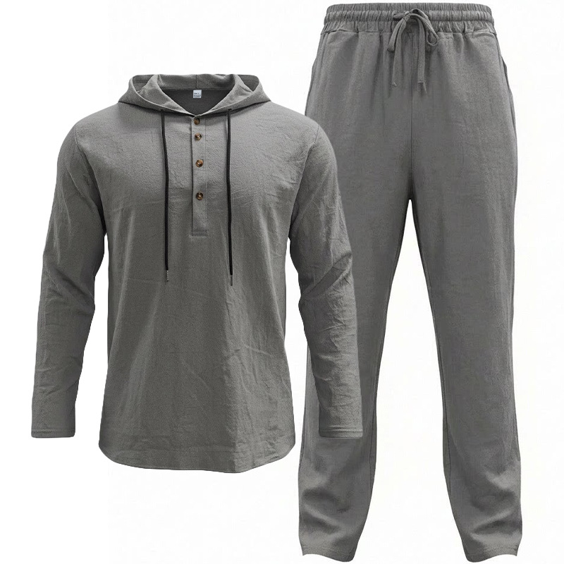 Men's Clothing Sets Two-Piece Outfits Men's New Pure Color Linen Hooded Drawstring Long Sleeve Long Pants Casual Loose Set