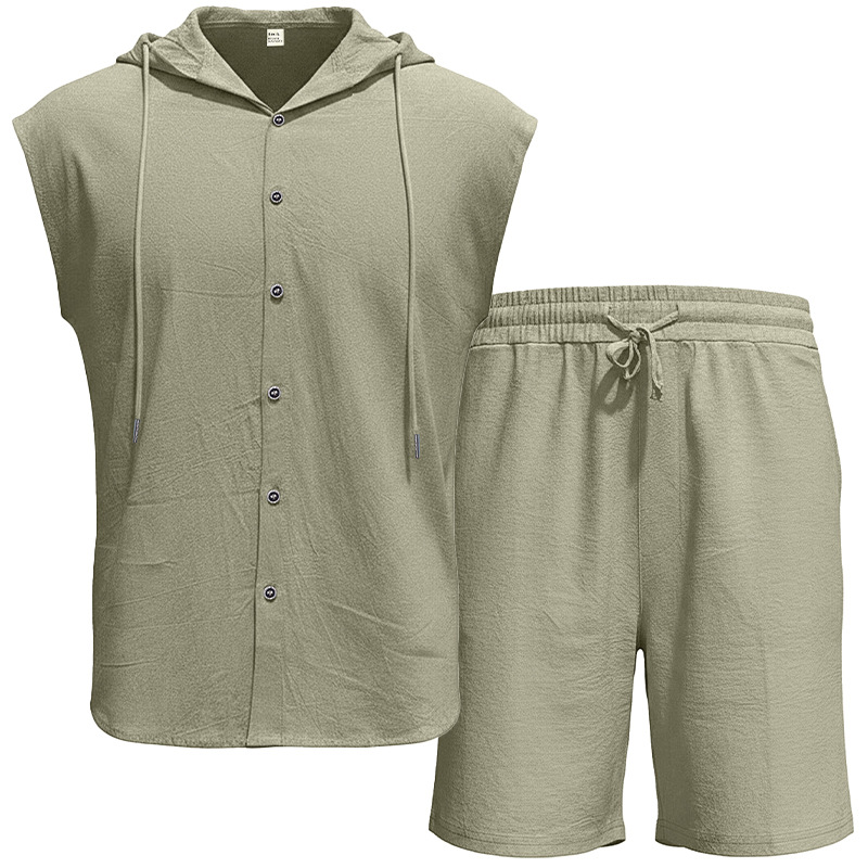 Men's Clothing Clothing Sets Two-Piece Outfits Men's Linen Hooded Sleeveless Solid Color Button Placket Large Loose Breathable Summer Sports Set