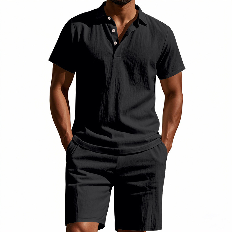 Men's Clothing Sets Two-Piece Outfits Summer Men's Loose Casual Linen Breathable Polo Shirt Short Sleeved Beach Shorts Set