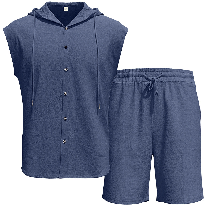 Men's Clothing Clothing Sets Two-Piece Outfits Men's Linen Hooded Sleeveless Solid Color Button Placket Large Loose Breathable Summer Sports Set