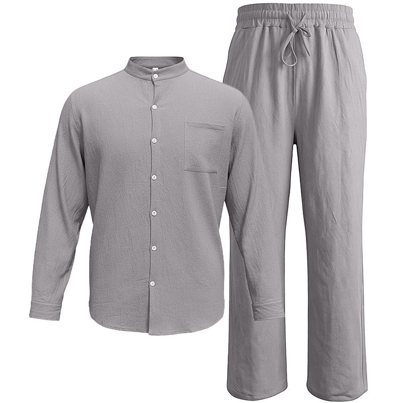 Men's Clothing Sets Two-Piece Outfits Men's Linen Stand-Up Collar Loose Breathable Shirt Pants Set for Casual Commuting