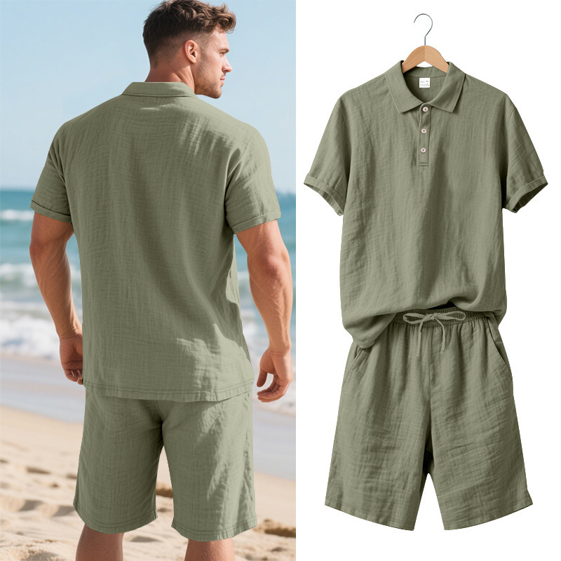 Men's Clothing Sets Two-Piece Outfits Summer Men's Loose Casual Linen Breathable Polo Shirt Short Sleeved Beach Shorts Set