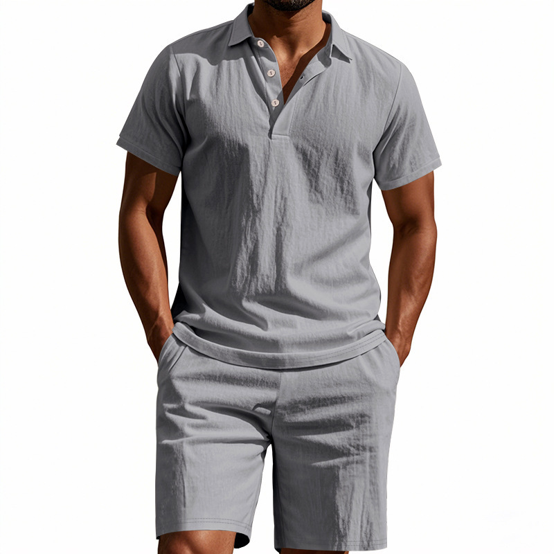 Men's Clothing Sets Two-Piece Outfits Summer Men's Loose Casual Linen Breathable Polo Shirt Short Sleeved Beach Shorts Set