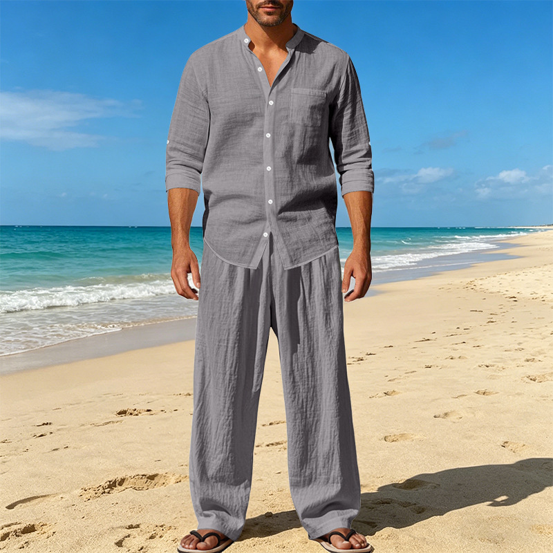 Men's Clothing Sets Two-Piece Outfits Men's Linen Stand-Up Collar Loose Breathable Shirt Pants Set for Casual Commuting