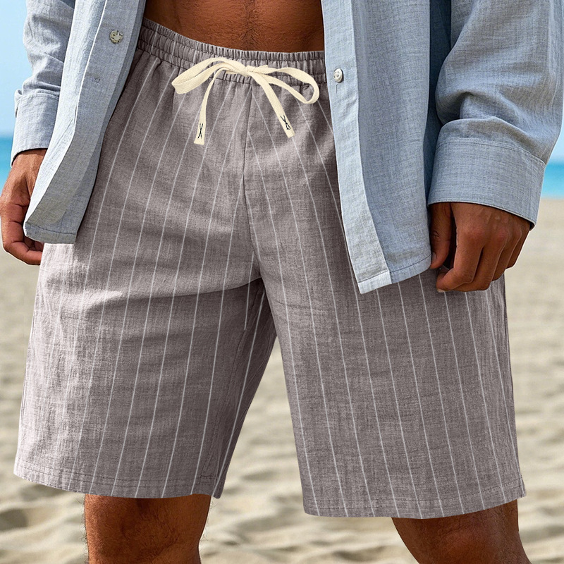 Summer Men's Striped Solid-Color Drawstring Elastic Waist Straight Casual Mid-length Pants Shorts for Men