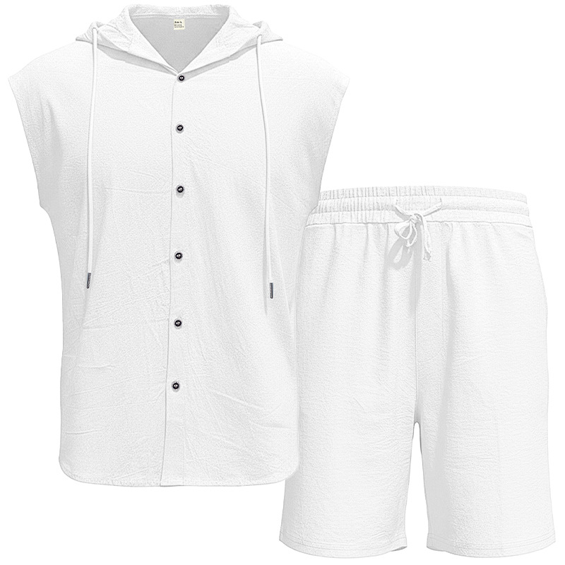 Men's Clothing Clothing Sets Two-Piece Outfits Men's Linen Hooded Sleeveless Solid Color Button Placket Large Loose Breathable Summer Sports Set