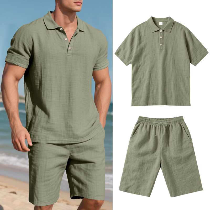 Men's Clothing Sets Two-Piece Outfits Summer Men's Loose Casual Linen Breathable Polo Shirt Short Sleeved Beach Shorts Set