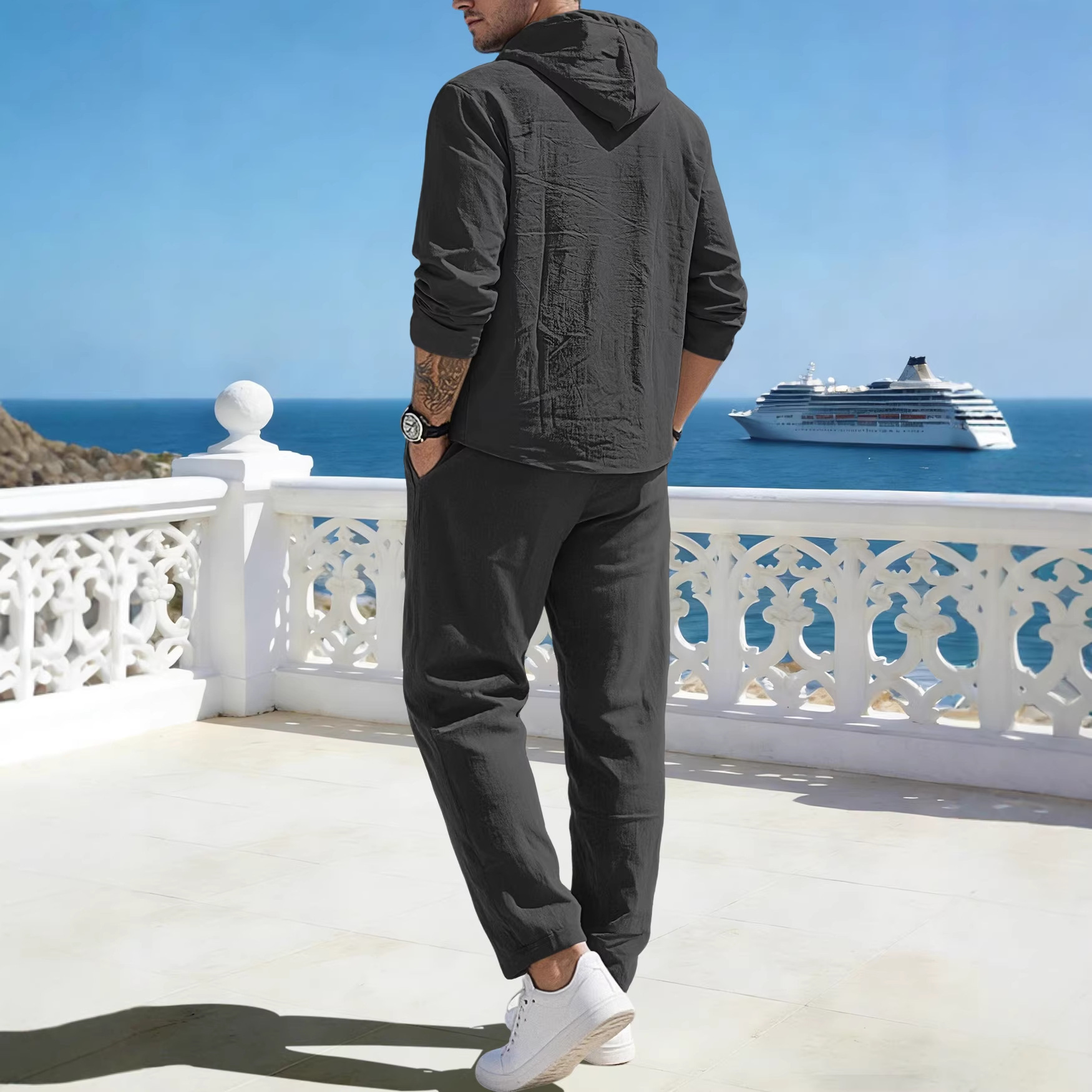 Men's Clothing Sets Two-Piece Outfits Men's New Pure Color Linen Hooded Drawstring Long Sleeve Long Pants Casual Loose Set
