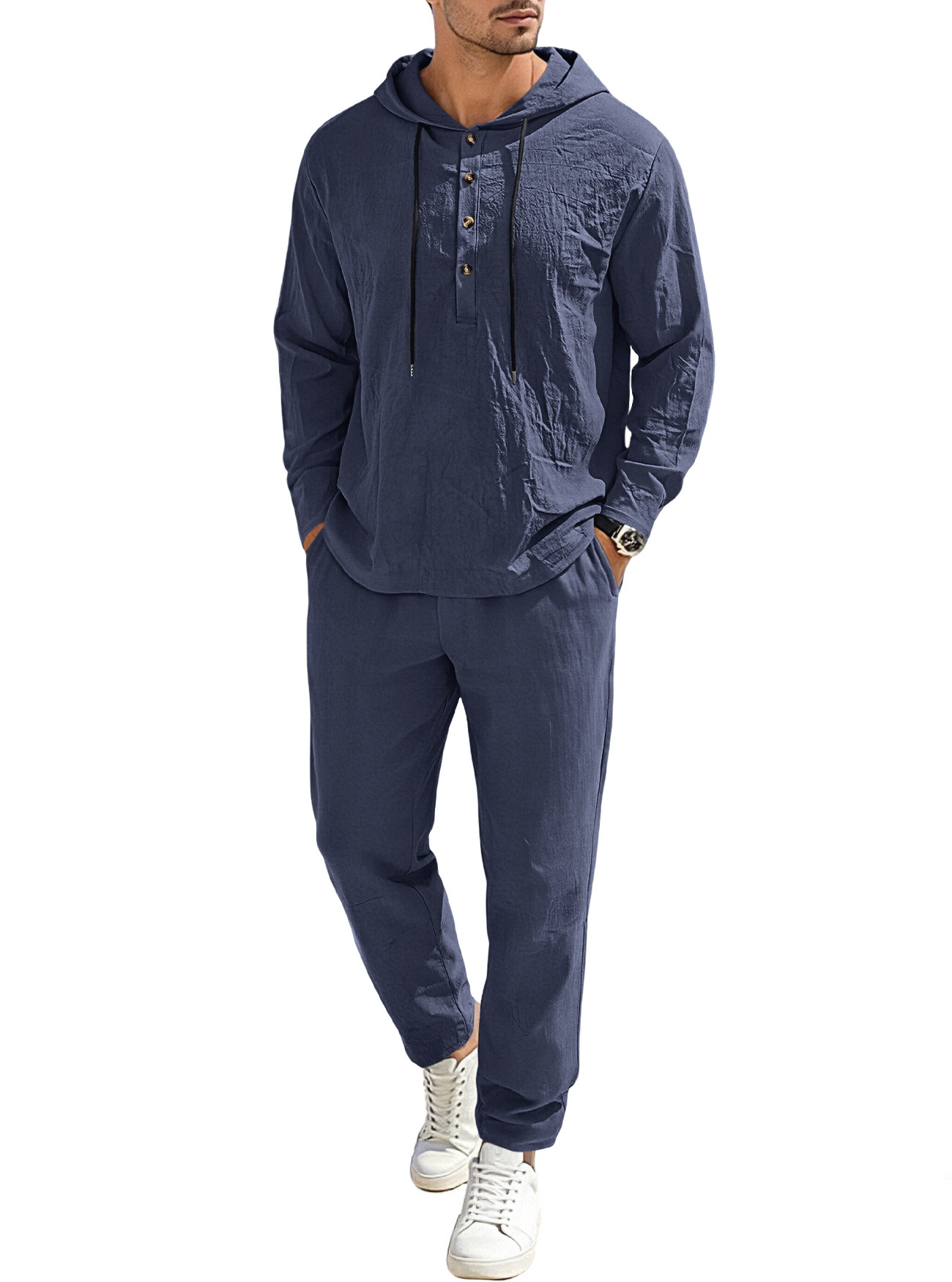Men's Clothing Sets Two-Piece Outfits Men's New Pure Color Linen Hooded Drawstring Long Sleeve Long Pants Casual Loose Set