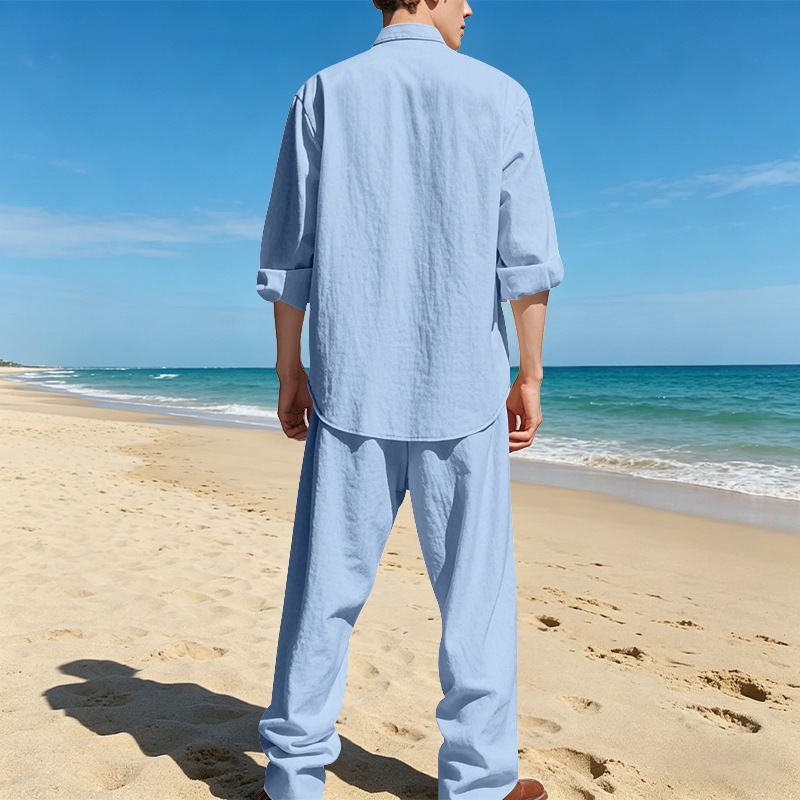 Men's Clothing Sets Two-Piece Outfits Men's Linen Stand-Up Collar Loose Breathable Shirt Pants Set for Casual Commuting