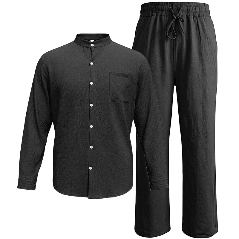 Men's Clothing Sets Two-Piece Outfits Men's Linen Stand-Up Collar Loose Breathable Shirt Pants Set for Casual Commuting