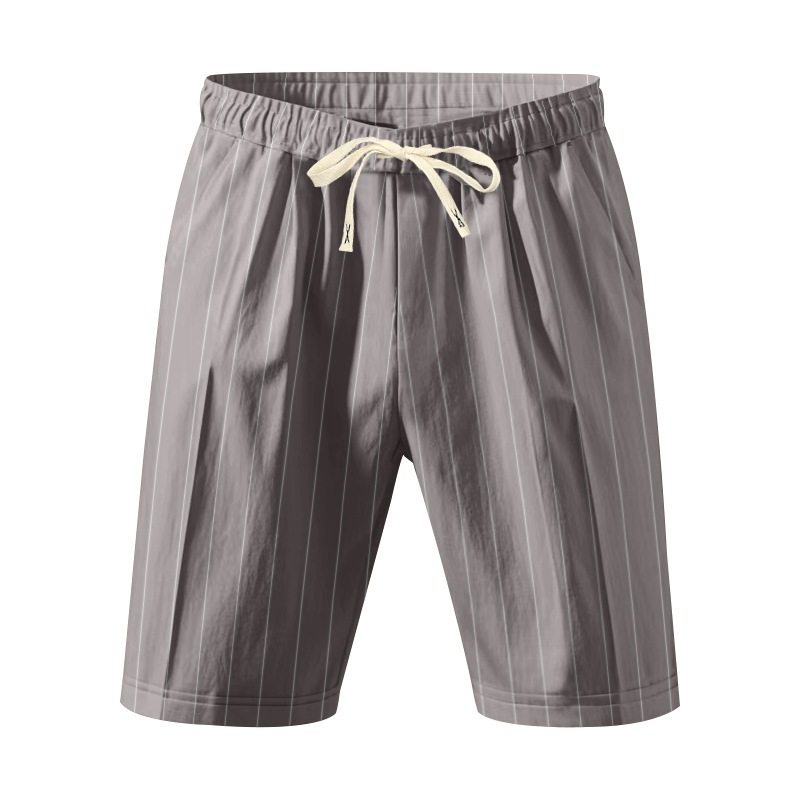Summer Men's Striped Solid-Color Drawstring Elastic Waist Straight Casual Mid-length Pants Shorts for Men