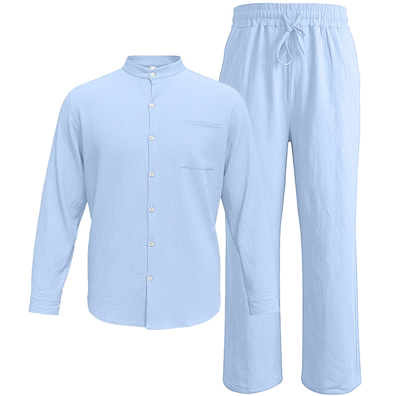 Men's Clothing Sets Two-Piece Outfits Men's Linen Stand-Up Collar Loose Breathable Shirt Pants Set for Casual Commuting