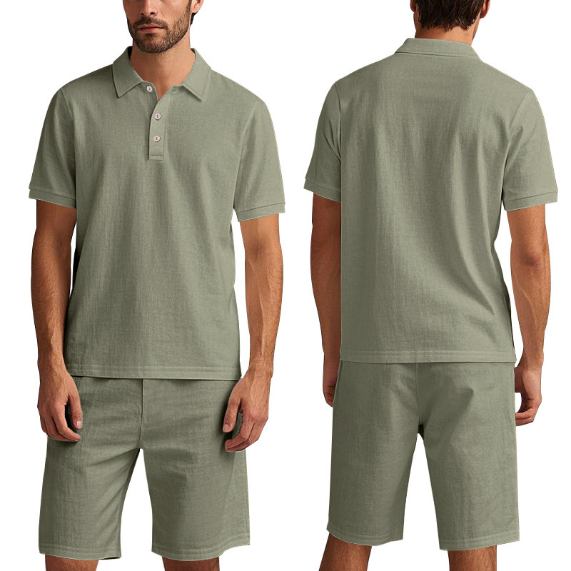 Men's Clothing Sets Two-Piece Outfits Summer Men's Loose Casual Linen Breathable Polo Shirt Short Sleeved Beach Shorts Set