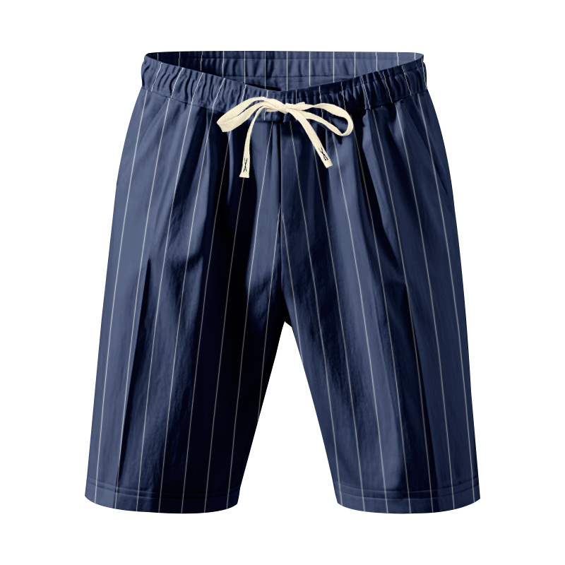 Summer Men's Striped Solid-Color Drawstring Elastic Waist Straight Casual Mid-length Pants Shorts for Men