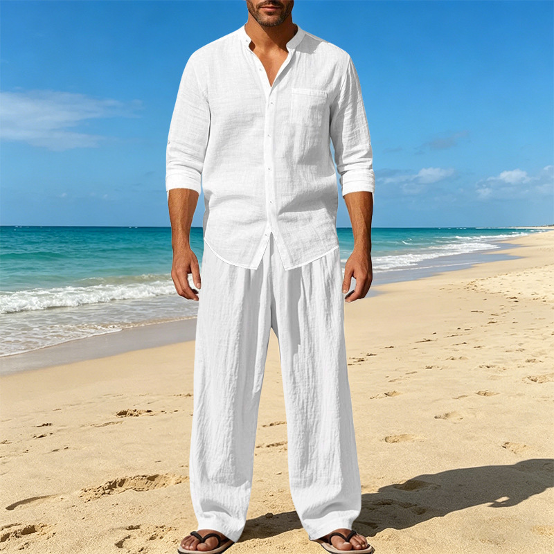 Men's Clothing Sets Two-Piece Outfits Men's Linen Stand-Up Collar Loose Breathable Shirt Pants Set for Casual Commuting