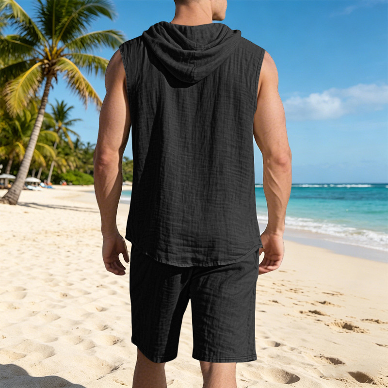 Men's Clothing Clothing Sets Two-Piece Outfits Men's Linen Hooded Sleeveless Solid Color Button Placket Large Loose Breathable Summer Sports Set
