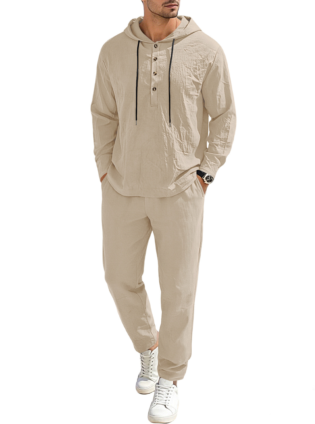 Men's Clothing Sets Two-Piece Outfits Men's New Pure Color Linen Hooded Drawstring Long Sleeve Long Pants Casual Loose Set