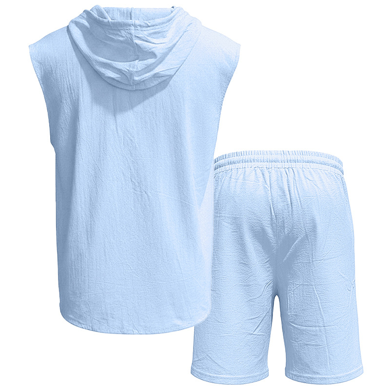 Men's Clothing Clothing Sets Two-Piece Outfits Men's Linen Hooded Sleeveless Solid Color Button Placket Large Loose Breathable Summer Sports Set