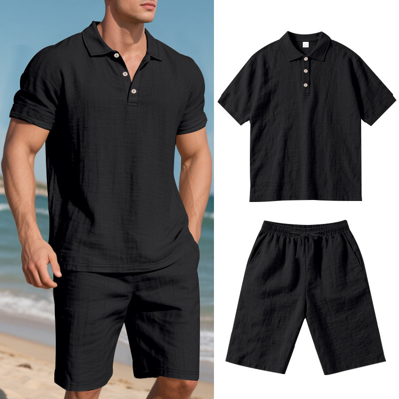 Men's Clothing Sets Two-Piece Outfits Summer Men's Loose Casual Linen Breathable Polo Shirt Short Sleeved Beach Shorts Set